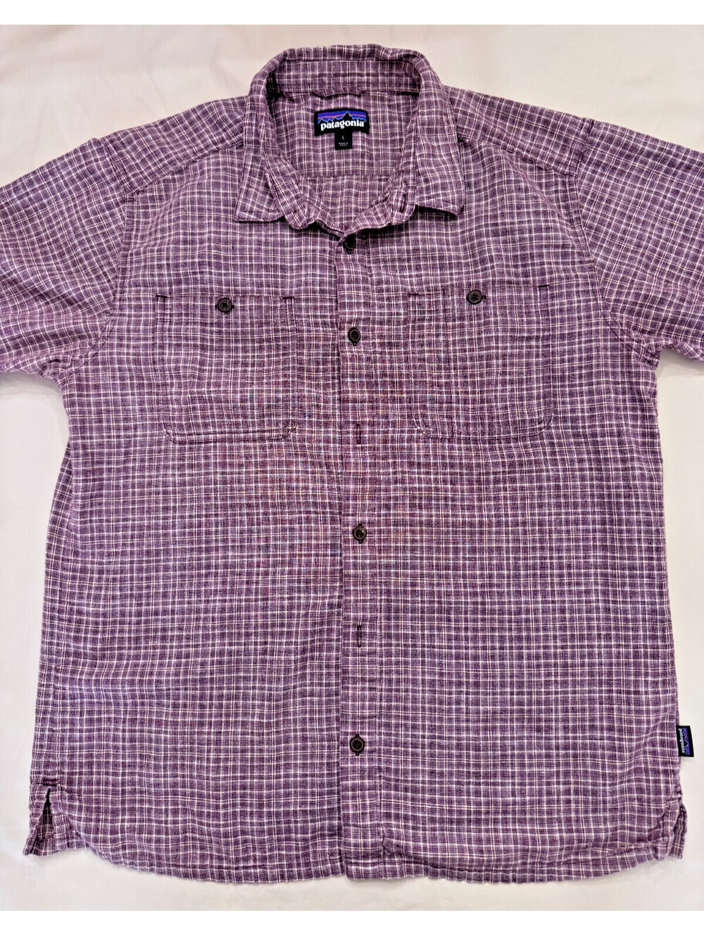 Patagonia Men's Short Sleeve Shirt Large Maroon Plaid Hemp/Cotton Blend